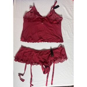 Ravishing Red Lace Mesh Lingerie Set Cami Shorts Garter Straps